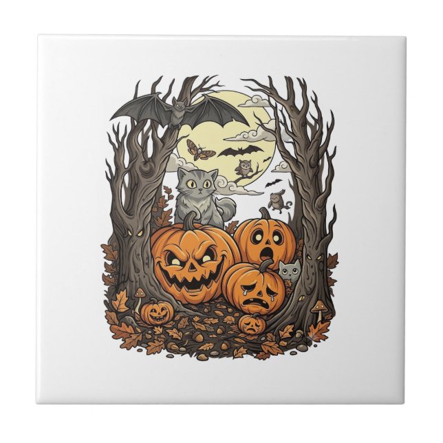 Halloween Pumpkins Grey Cat Bat Full Moon Woods Tile (Front)
