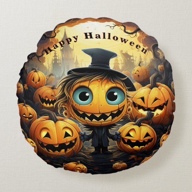 Halloween Pumpkins Happy Halloween Round Cushion (Front)