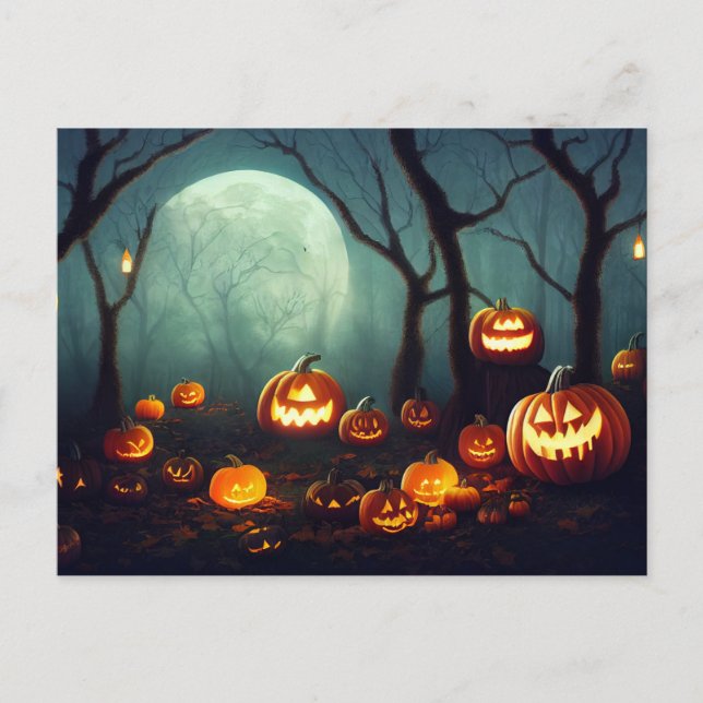 Halloween pumpkins in a forest at full moon. postcard (Front)