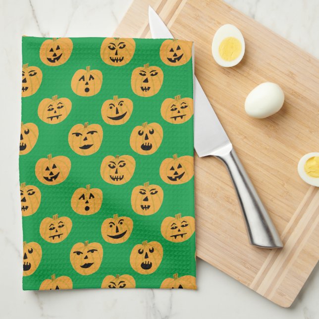 Halloween PUMPKINS Jack-O-Lanterns Tea Towel (Quarter Fold)
