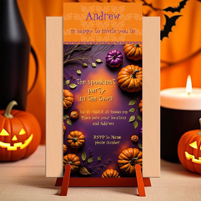 Halloween Pumpkins Magnetic Invitation (Halloween Invitation. customizable illustration full of pumpkins on orange and purple background)
