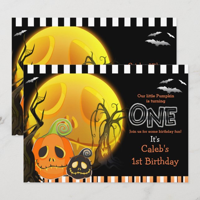 Halloween Pumpkins Moonlight 1st Birthday Party Invitation (Front/Back)