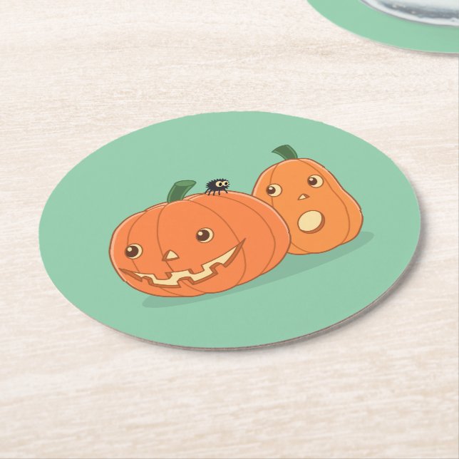 Halloween Pumpkins on Green Round Paper Coaster (Angled)