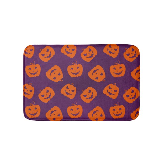 Halloween Pumpkins on Purple Background Pattern Bath Mat (Front)