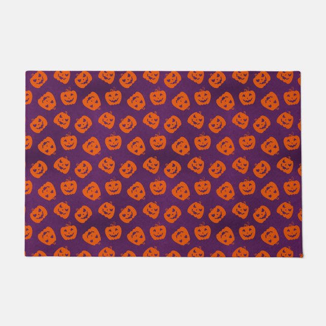 Halloween Pumpkins on Purple Background Pattern Doormat (Front)