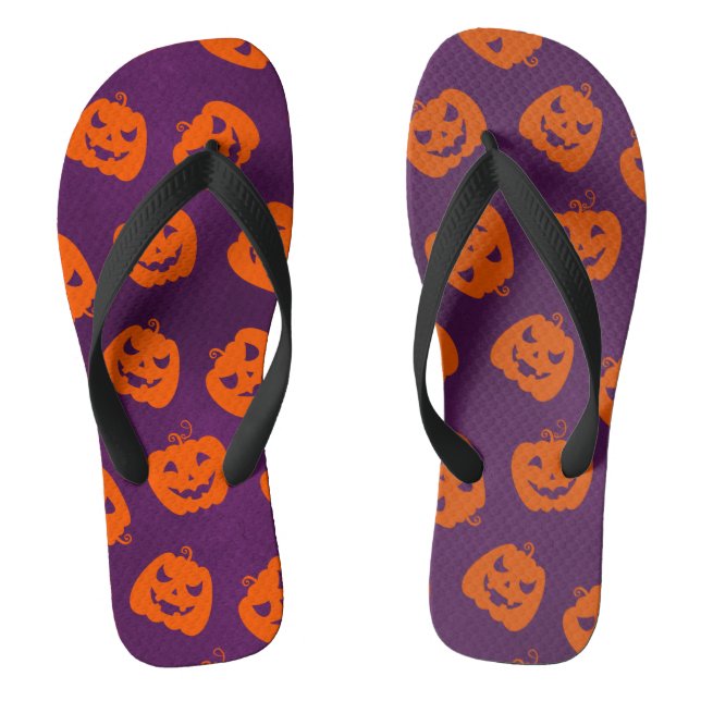 Halloween Pumpkins on Purple Background Pattern Flip Flops (Footbed)