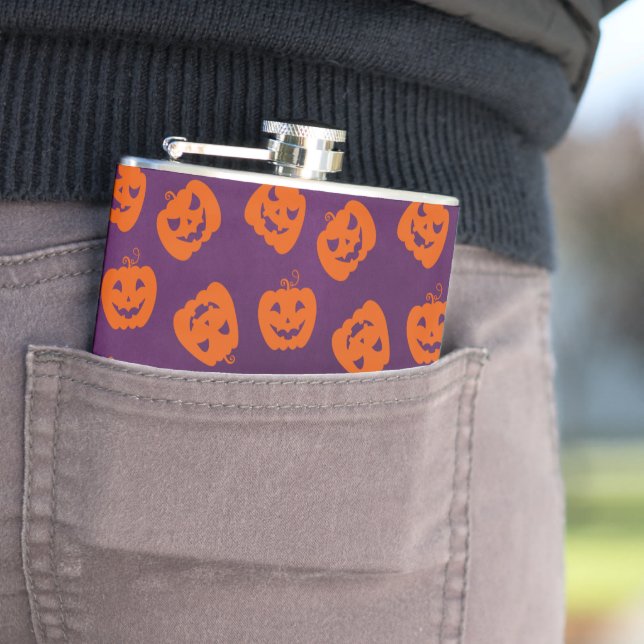 Halloween Pumpkins on Purple Background Pattern Hip Flask (In Situ)