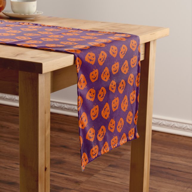 Halloween Pumpkins on Purple Background Pattern Short Table Runner (In Situ)