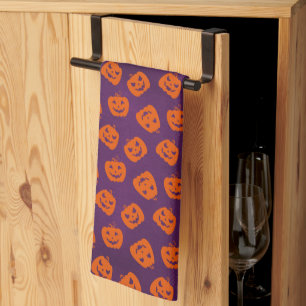 Halloween Pumpkins on Purple Background Pattern Tea Towel