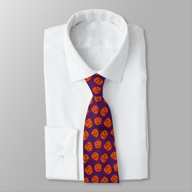 Halloween Pumpkins on Purple Background Pattern Tie (Tied)