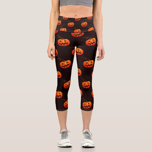 Halloween Pumpkins, Orange Pumpkins Trick Or Treat Capri Leggings (Front)