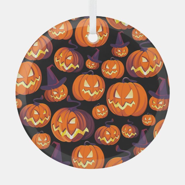 Halloween Pumpkins: Spooky Seamless Pattern. Glass Tree Decoration (Front)