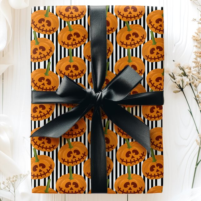 Halloween Pumpkins Stripes Jack O'Lanterns Pattern Wrapping Paper (Creator Uploaded)