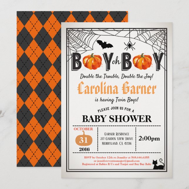 Halloween pumpkins twins baby boy shower rustic invitation (Front/Back)