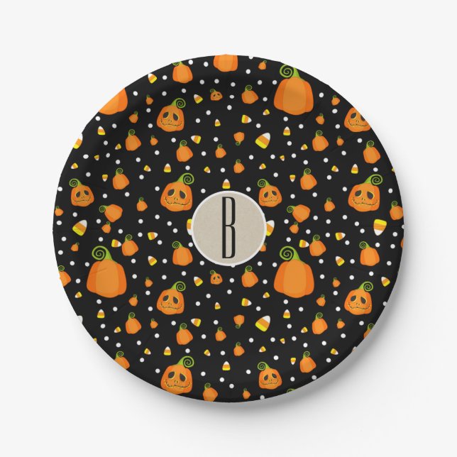 Halloween Pumpkins Whimsical Pattern Party Paper Plate (Front)