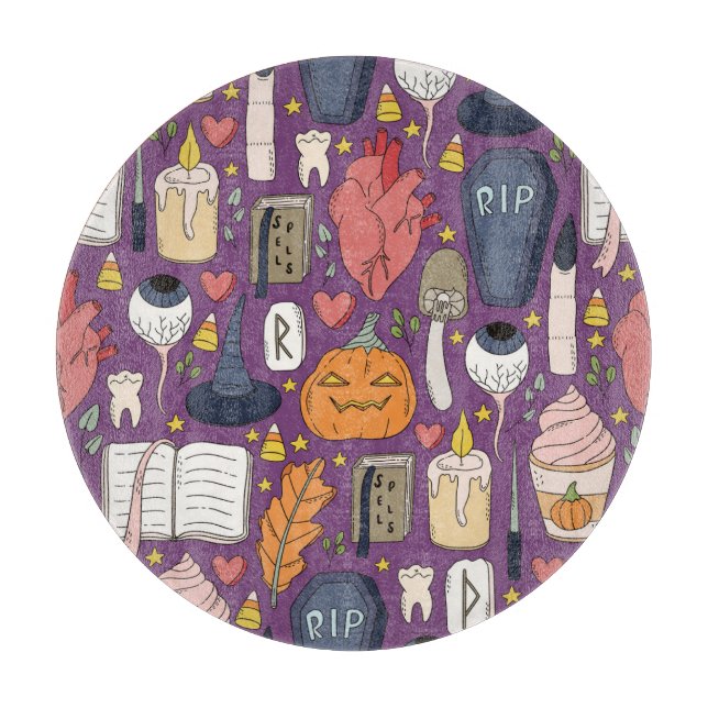 Halloween pumpkins, witchy seamless pattern. cutting board (Front)