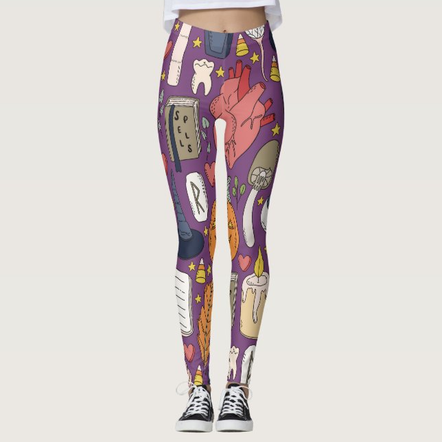 Halloween pumpkins, witchy seamless pattern. leggings (Front)
