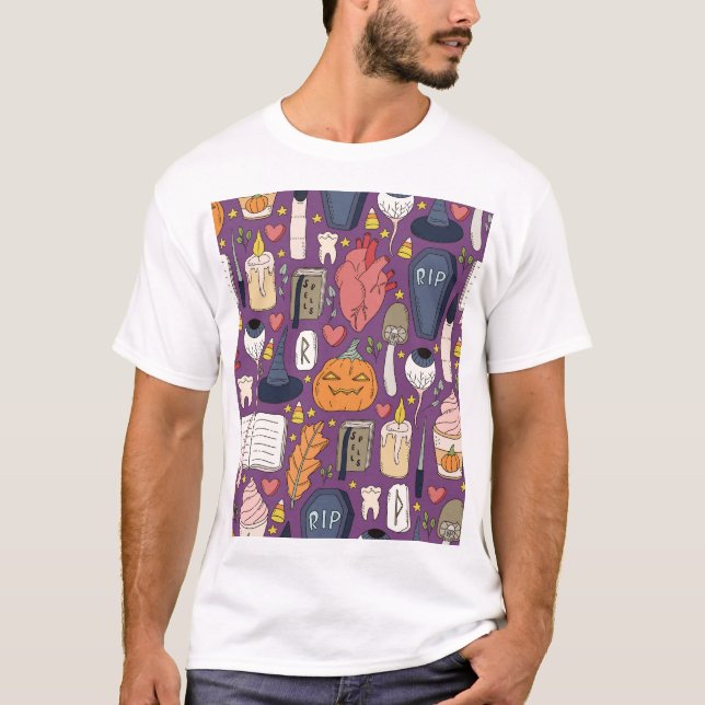 Halloween pumpkins, witchy seamless pattern. T-Shirt (Front)