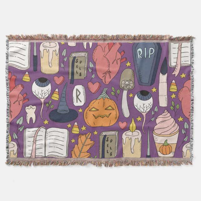 Halloween pumpkins, witchy seamless pattern. throw blanket (Front)