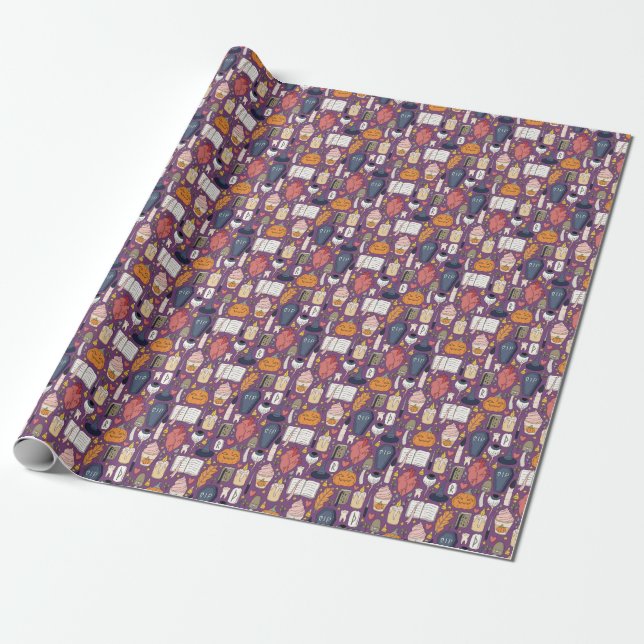 Halloween pumpkins, witchy seamless pattern. wrapping paper (Unrolled)
