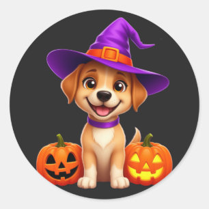 Halloween Puppy In Witch Hat With Pumpkin 🎃 Classic Round Sticker
