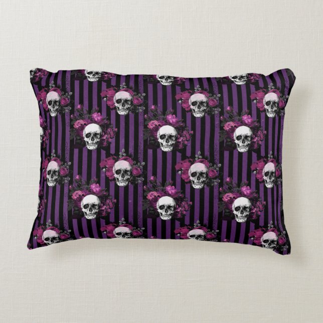 Halloween Purple and Black Floral Striped Skulls Decorative Cushion (Back)