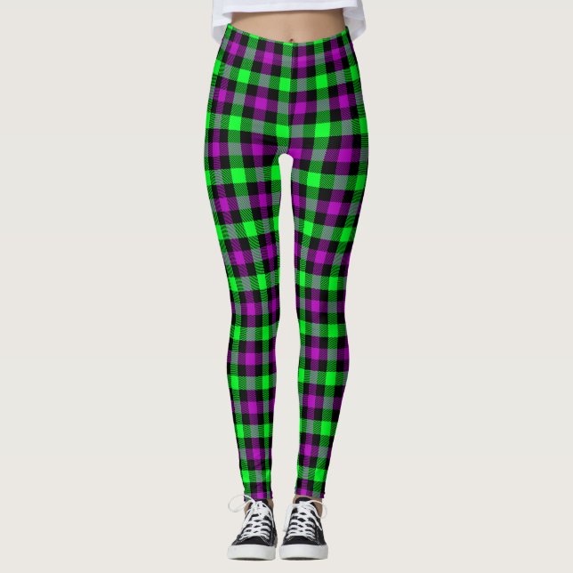 Halloween Purple and Neon Green Tartan Leggings (Front)