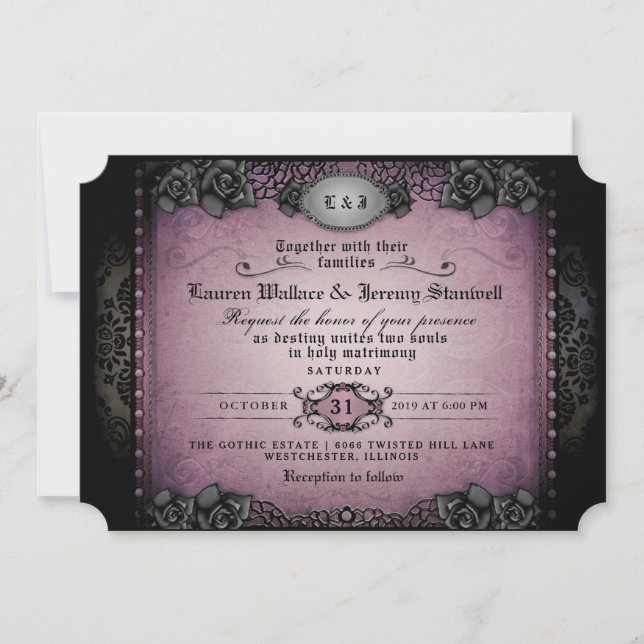 Halloween Purple & Black Gothic Together RECEPTION Invitation (Front)