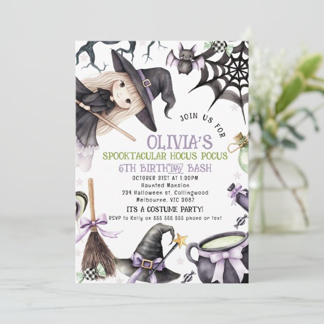 Halloween Purple Blond Little Witch Birthday  Invitation (Standing Front)