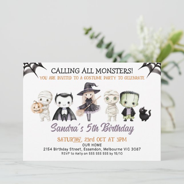 Halloween Purple Calling All Monsters Birthday Invitation (Standing Front)