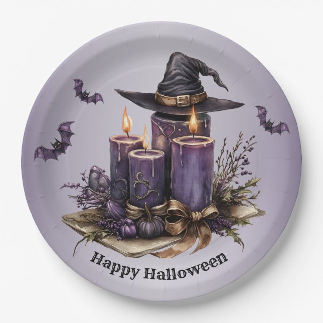 Halloween Purple Candles Bats Spooky Scary Paper Plate (Front)