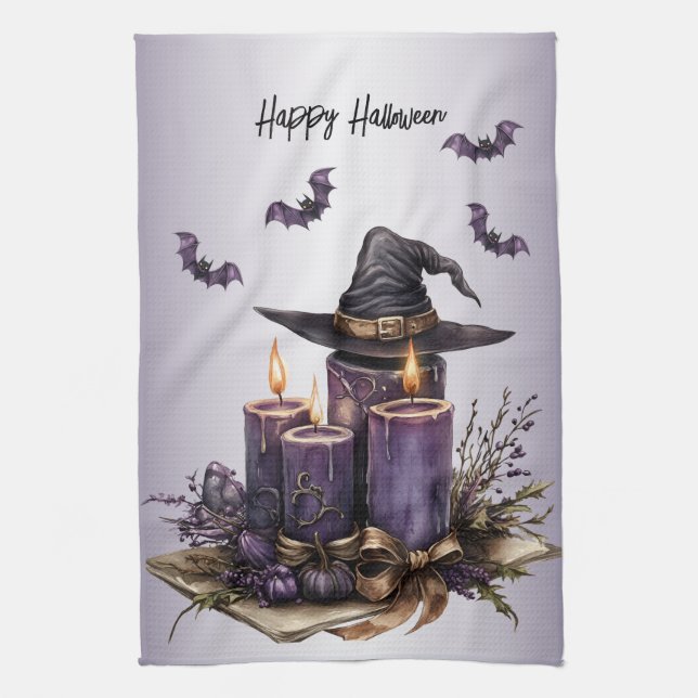 Halloween Purple Candles Bats Spooky Scary Tea Towel (Vertical)