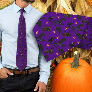 Halloween Purple Cats Witch Hat pattern Tie