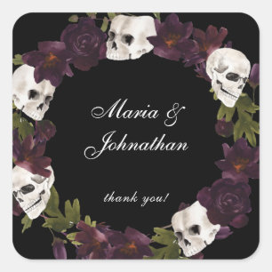 Halloween Purple Floral & Skull Thank You Square Sticker