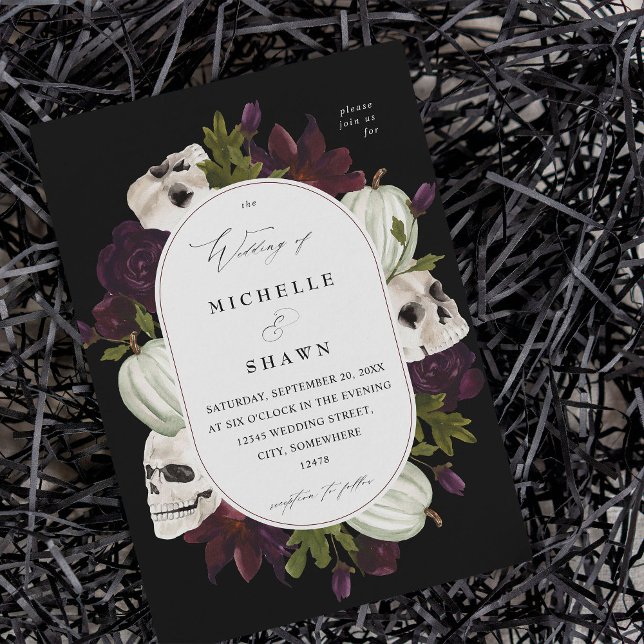 Halloween Purple Floral & Skull Wedding Invitation (Creator Uploaded)