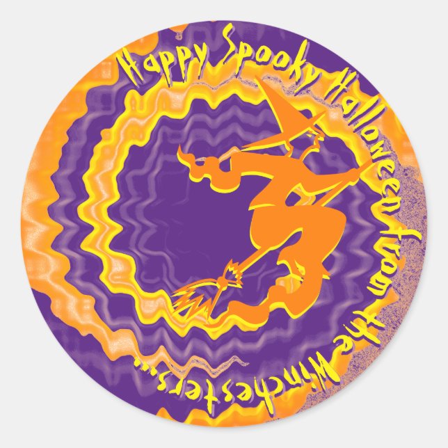 Halloween purple flying witch magic spell text  classic round sticker (Front)