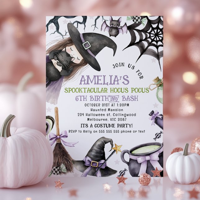 Halloween Purple Green Little Witch Birthday  Invitation (Little Witch Halloween Birthday Invitation, Witch Birthday Invitations, Halloween Birthday Invite)