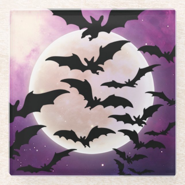 HALLOWEEN PURPLE SKY FULL MOON BLACK BATS GLASS COASTER (Front)