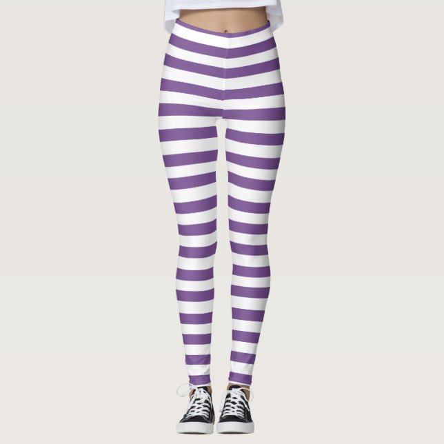 Halloween Purple, White Stripe Leggings (Front)