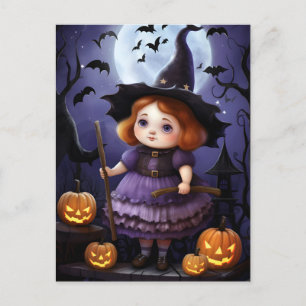 Halloween Purple Witch Girl Illustration Holiday Postcard