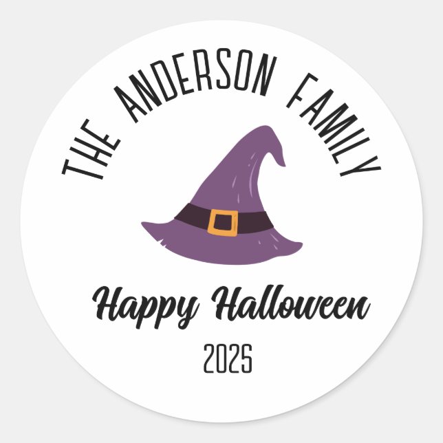 Halloween Purple Witch Hat Personalised Name Classic Round Sticker (Front)