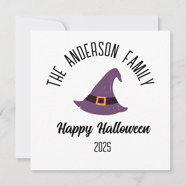 Halloween Purple Witch Hat Personalised Name Holiday Card (Front)