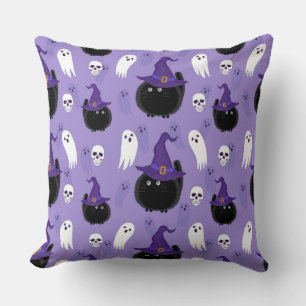 HALLOWEEN PURPLE WITH BLACK CATS & WHITE GHOSTS CUSHION