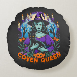 Halloween QUEEN Witch Art with Black Cat Design Round Cushion