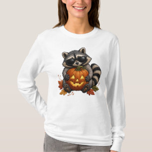 Halloween Racoon Sunglasses Pumpkin Embroidery T-Shirt