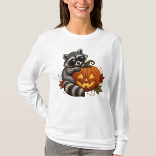 Halloween Racoon Sunglasses Pumpkin Embroidery T-Shirt