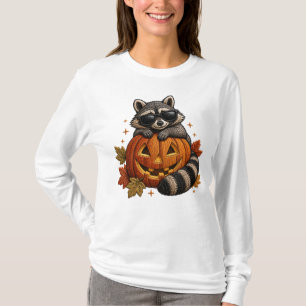 Halloween Racoon Sunglasses Pumpkin Embroidery T-Shirt