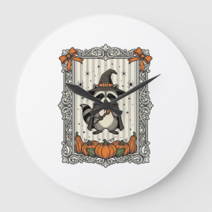 Halloween Racoon Witch Pumpkin Vintage Cute_1 Large Clock