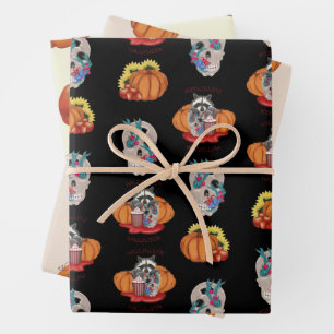 Halloween Racoon with skull and pumpkins Wrapping Paper Sheet