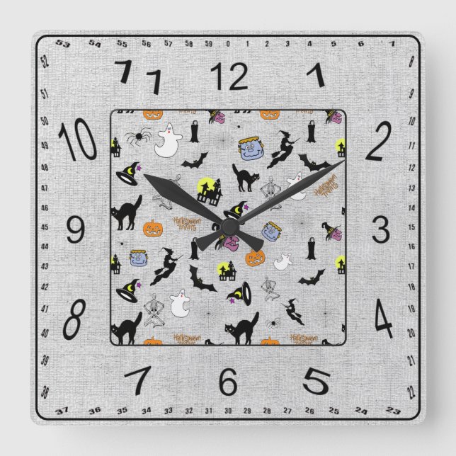 Halloween Random Iconic Pattern Grey Textured Square Wall Clock (Front)